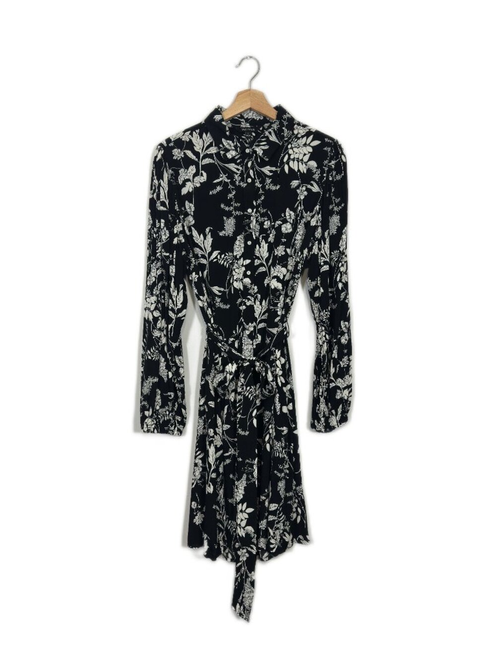 Well Worn Womens Floral Dress Belted Midi Large B&W Classic Business Casual Fall